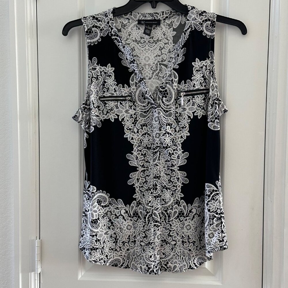 I.N.C. Womens Black & White Sleeveless V-Neck Top Size L